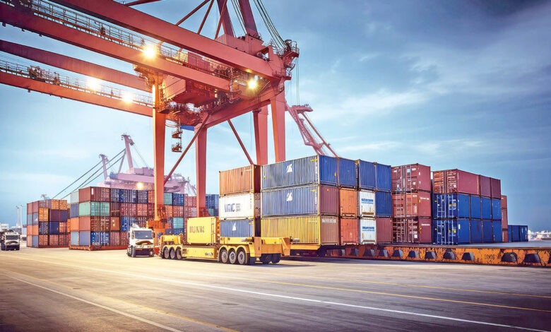 logistics transportation container cargo ship cargo plane with working crane bridge shipyard sunrise logistic import export transport industry background ai generative+copy